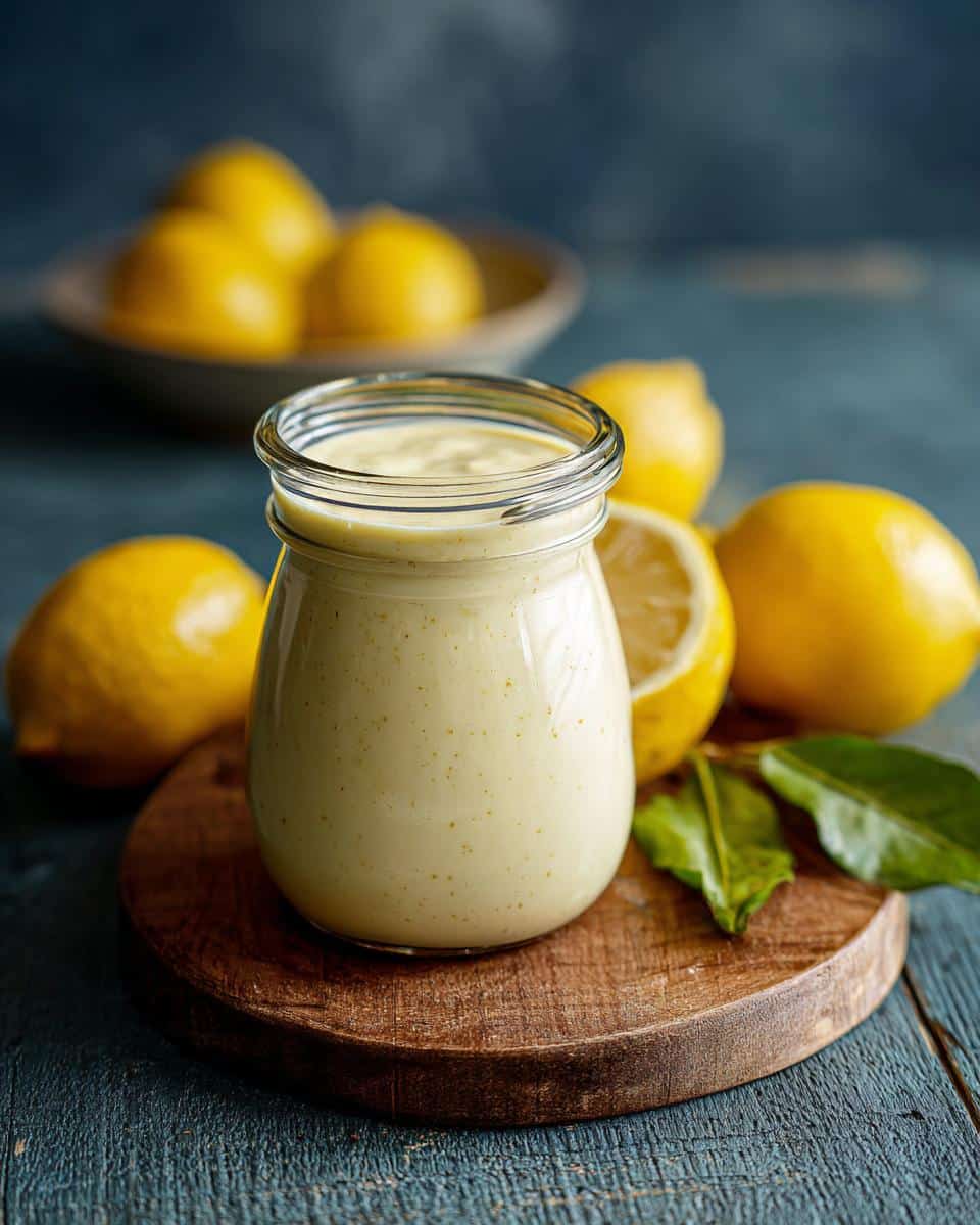 Jar of homemade lemon dressing recipe surrounded by fresh lemons and leaves on a wooden board.