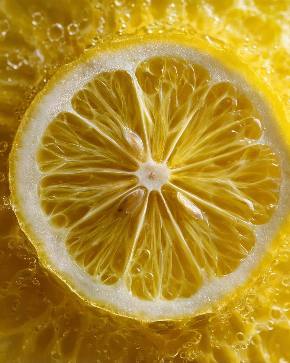 Close-up of a vibrant lemon slice, showcasing its juicy segments, for a lemon dressing recipe.