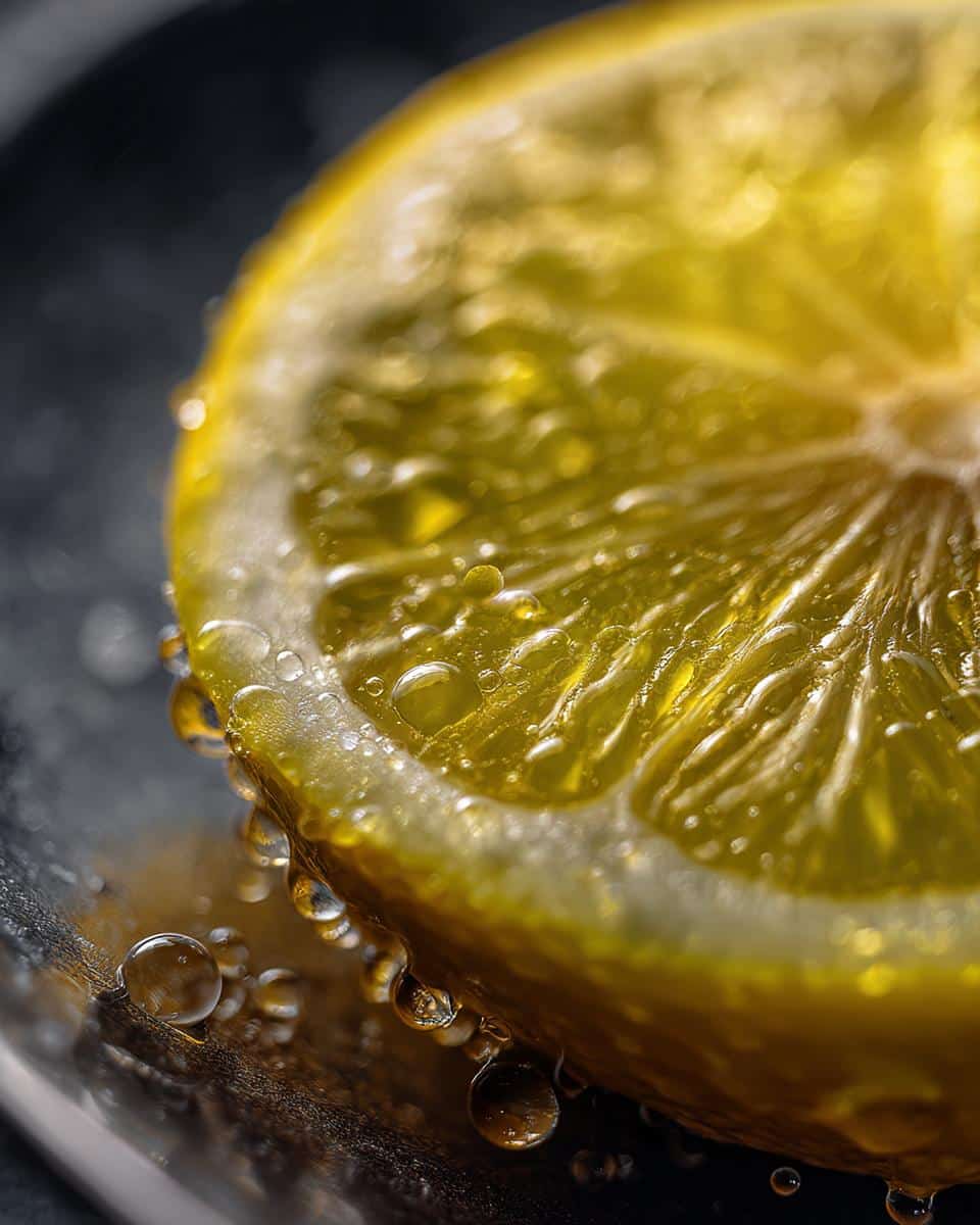 Detailed close-up of a lemon slice with water droplets, perfect for a lemon dressing recipe.