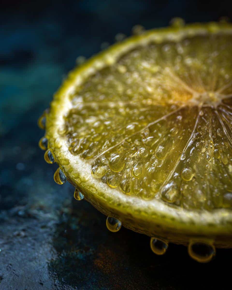Close-up of a lemon slice with water droplets, ideal for a lemon dressing recipe.
