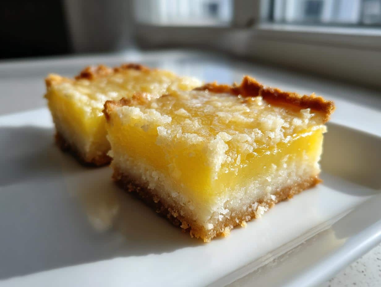 Two lemon squares on a white plate, showcasing the crust, filling, and powdered sugar topping.