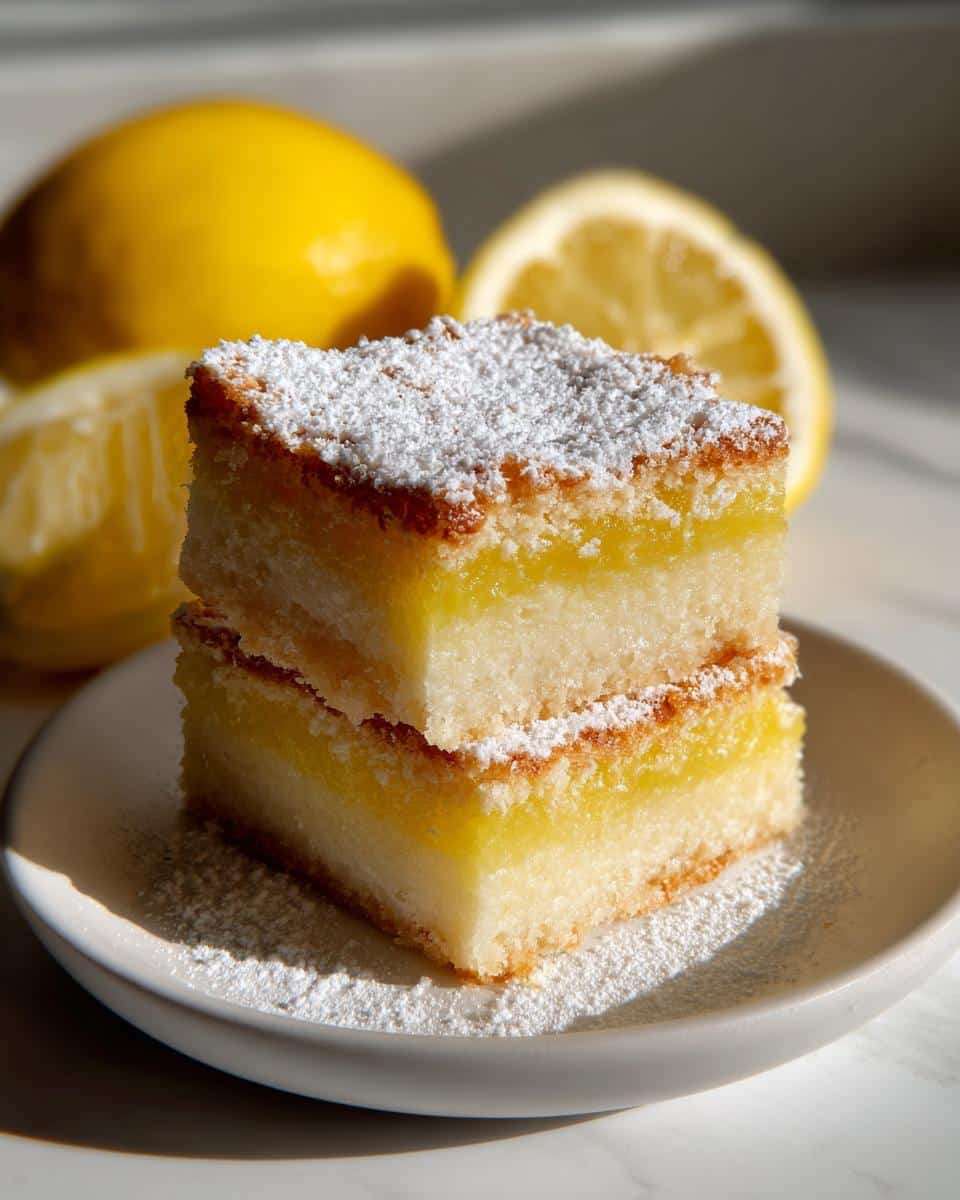Two lemon squares stacked on a plate, dusted with powdered sugar. Fresh lemons in the background.