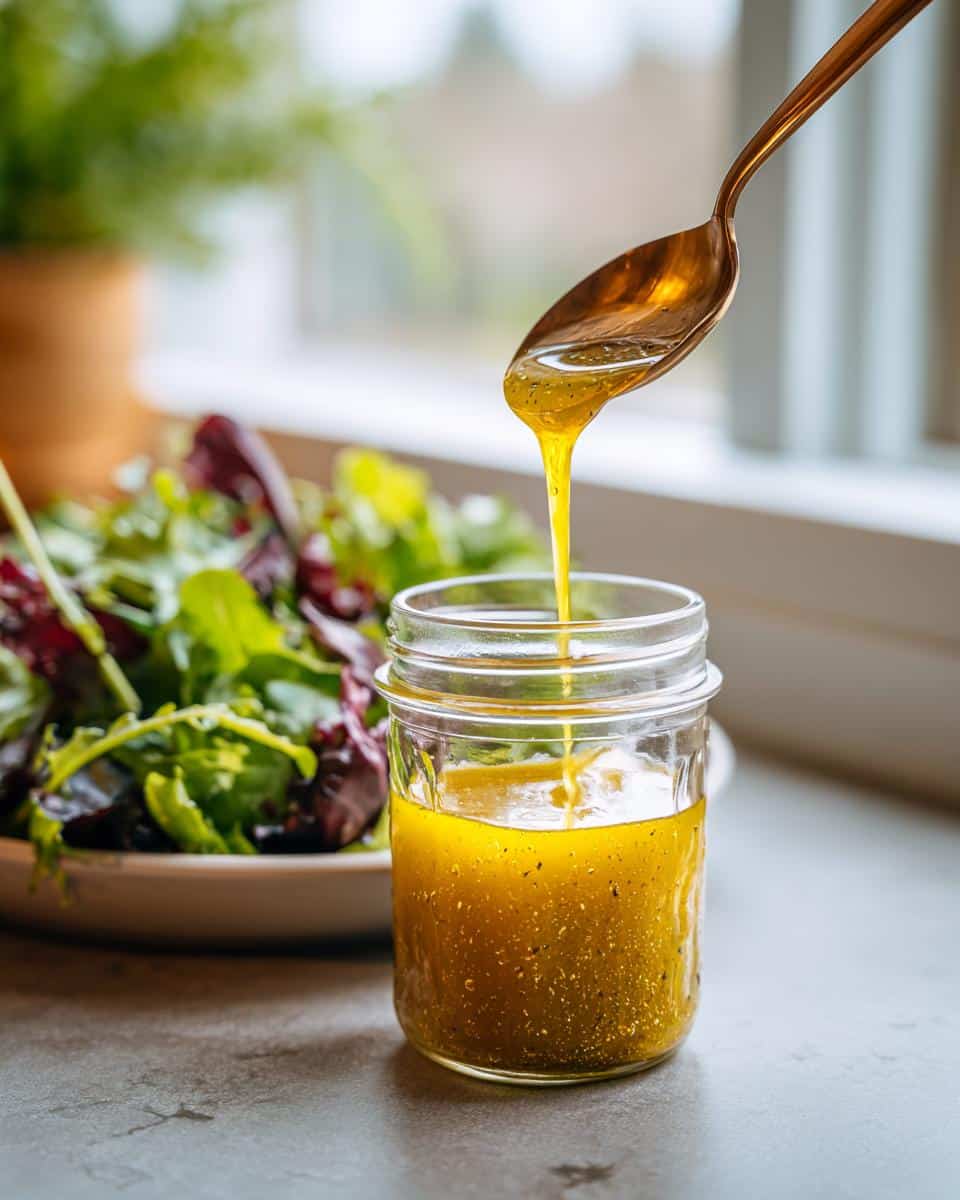 Golden lemon vinaigrette dressing being poured from a spoon into a glass jar, with a salad in the background.
