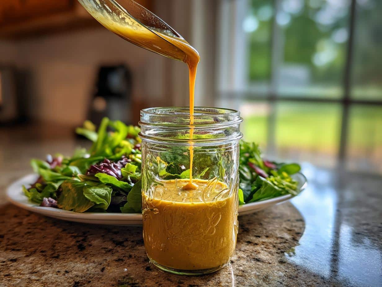 Pouring fresh lemon vinaigrette dressing into a mason jar, with a salad in the background.