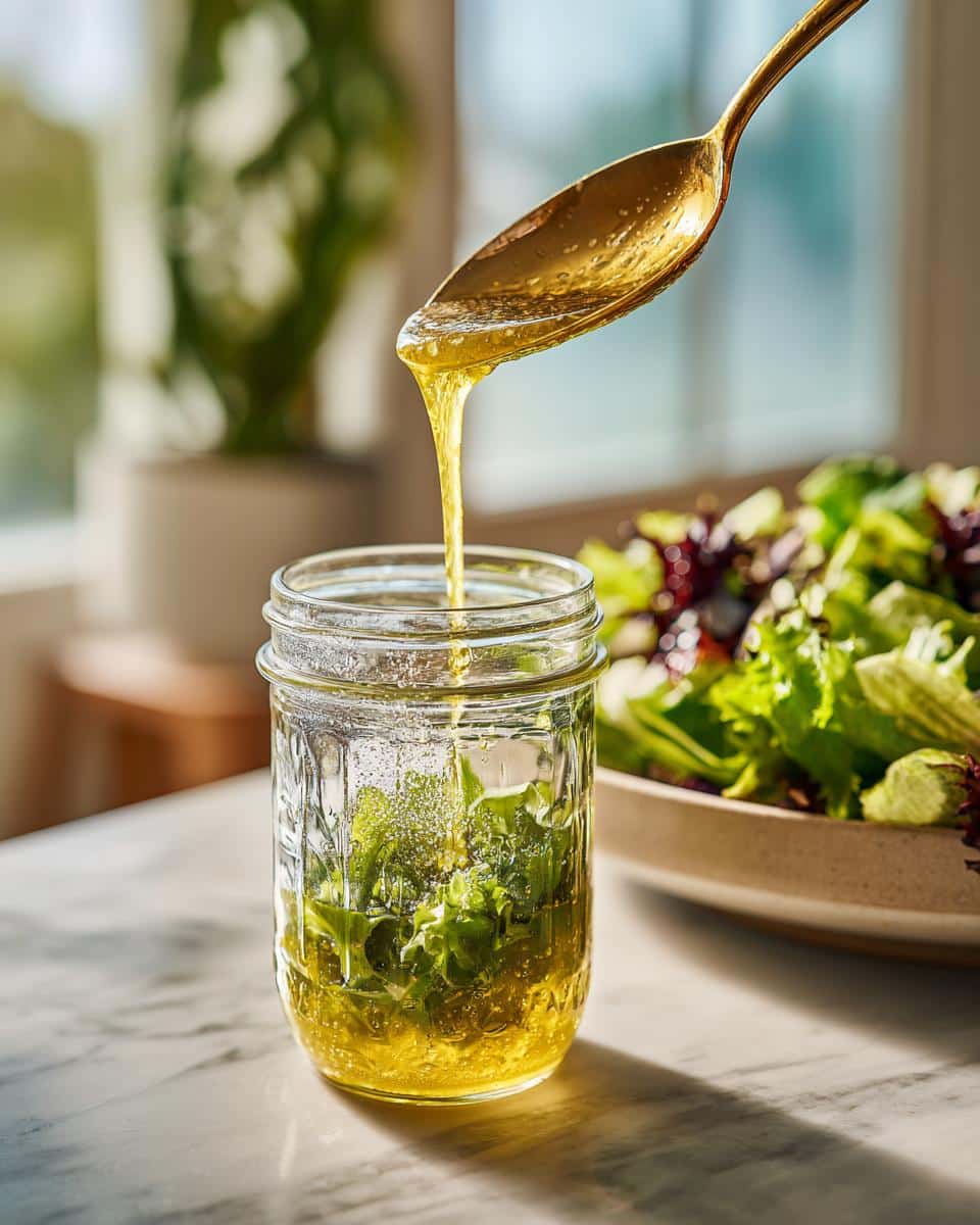 Golden lemon vinaigrette dressing being poured from a spoon into a jar with herbs, next to a salad.