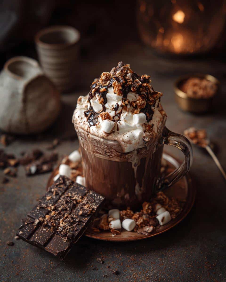 A decadent hot chocolate bar drink with whipped cream, chocolate drizzle, and toppings.
