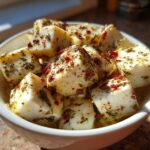 Close-up of marinated cheese cubes in a white bowl, seasoned with herbs and red pepper flakes.