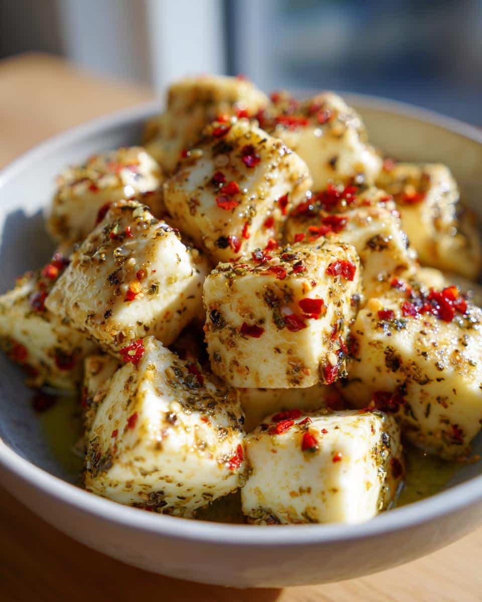 Close-up of a bowl filled with marinated cheese cubes, seasoned with herbs and red pepper flakes.