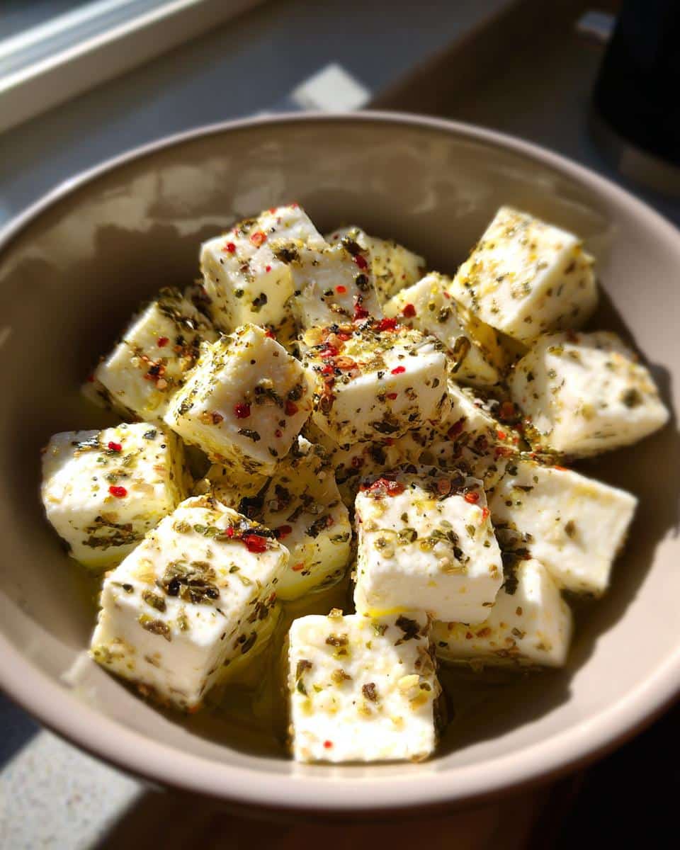 Close-up of cubed marinated cheese in a bowl, seasoned with herbs and spices.