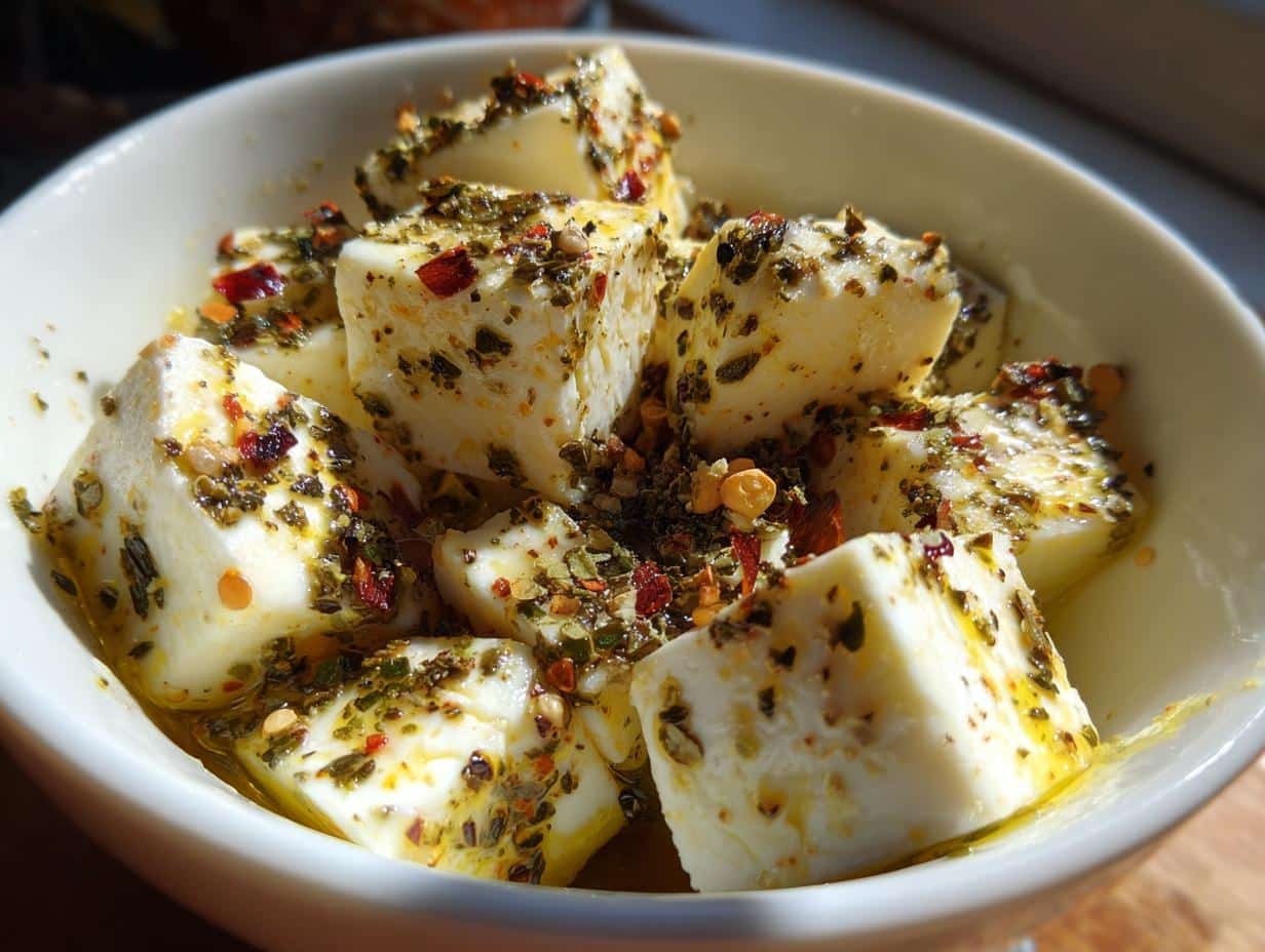 Close-up of cubed marinated cheese in a bowl, seasoned with herbs and spices, soaking in oil.