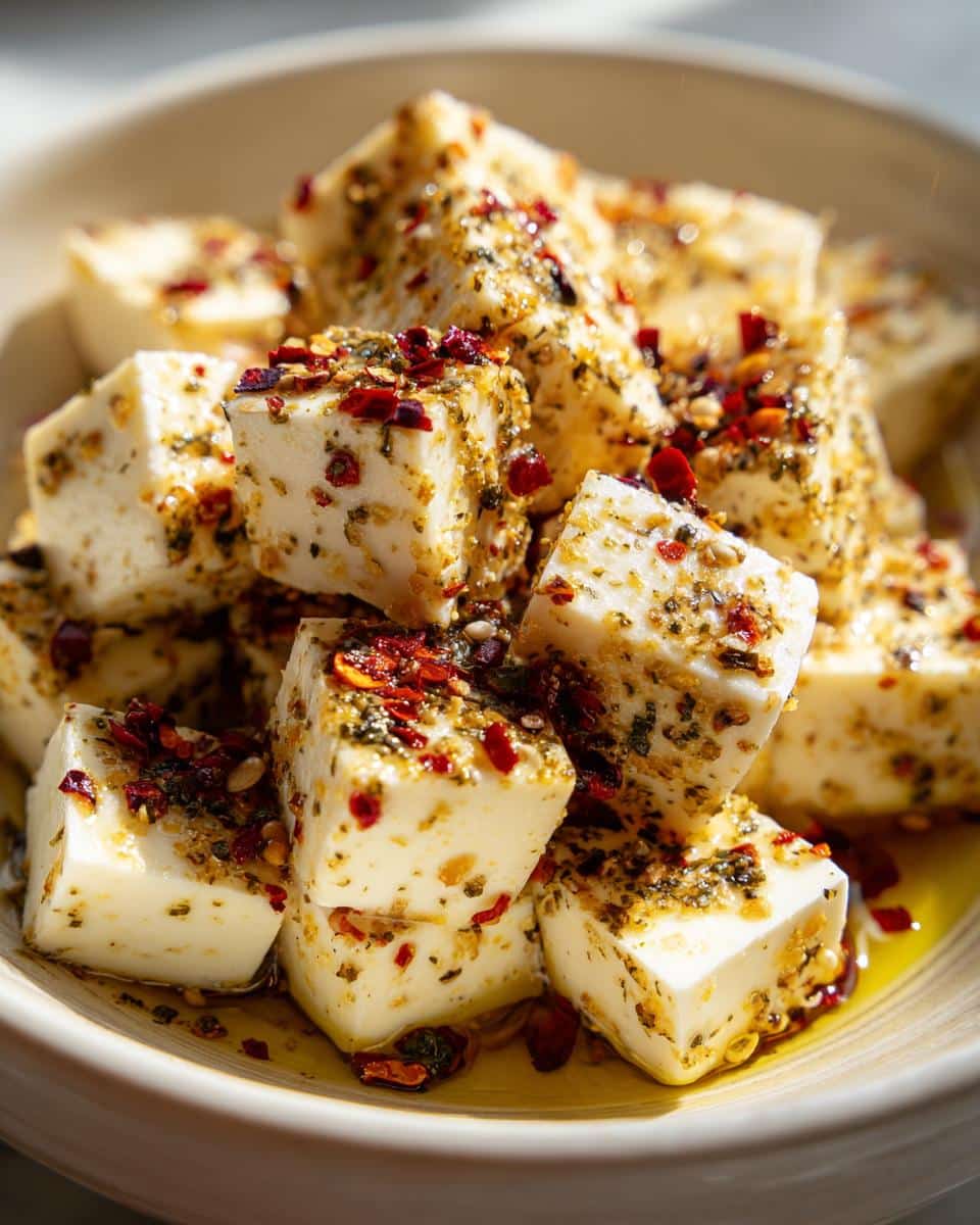 Close-up of cubed marinated cheese with herbs and spices in a bowl, ready to serve.
