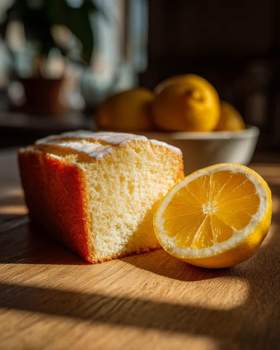 Close-up of a sliced Meyer lemon cake with icing and a halved Meyer lemon. Part of Meyer lemon recipes collection.