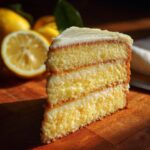 A slice of three-layer Meyer lemon cake with white frosting, sitting on a wooden board. Meyer lemon recipes.