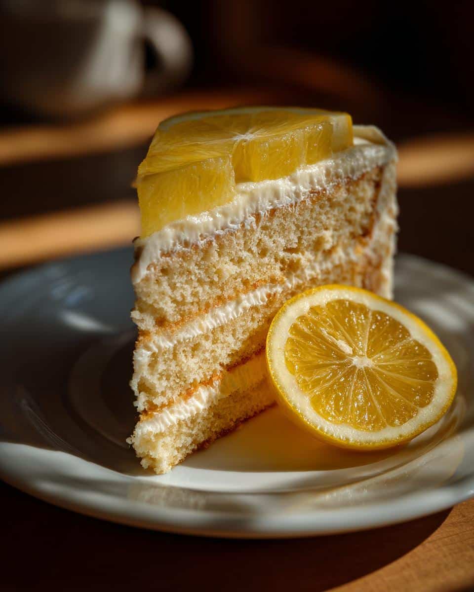 A slice of Meyer lemon cake with frosting and lemon slices, showcasing one of our favorite meyer lemon recipes.