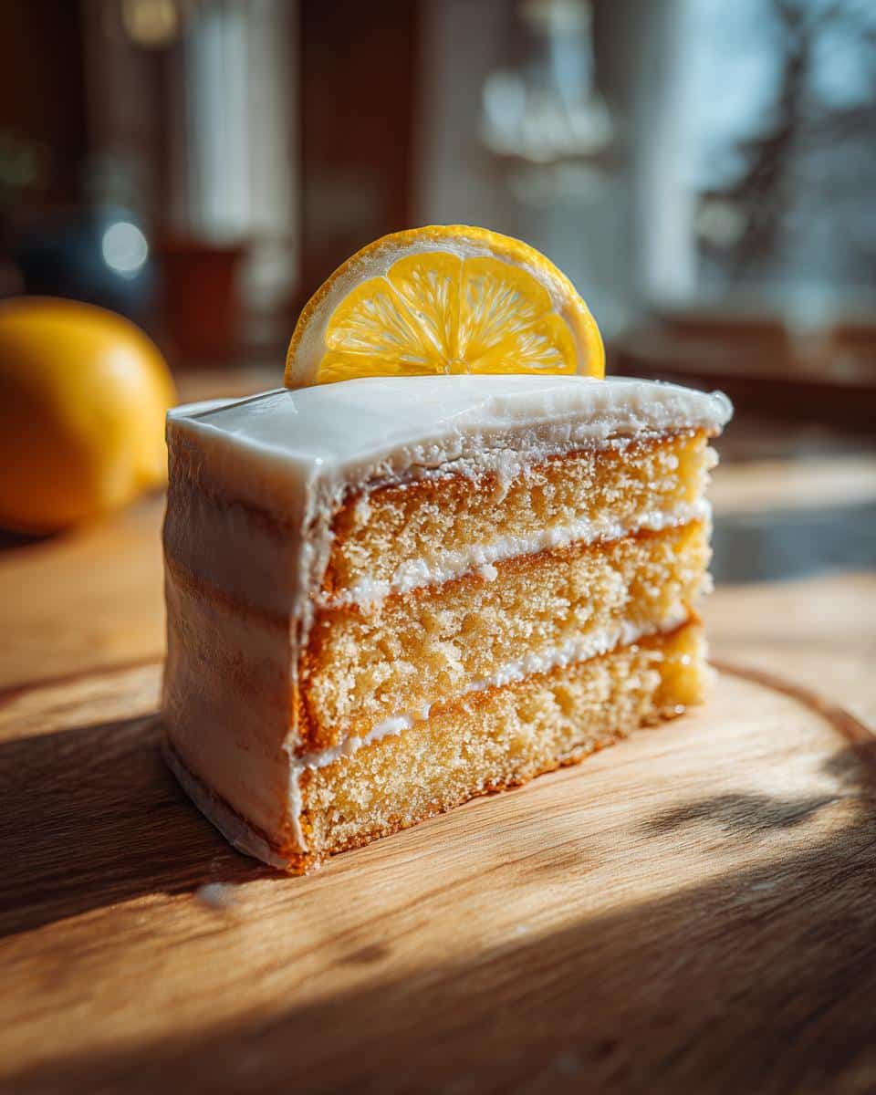 A slice of Meyer lemon cake with white frosting and a lemon slice on top. Part of Meyer lemon recipes.