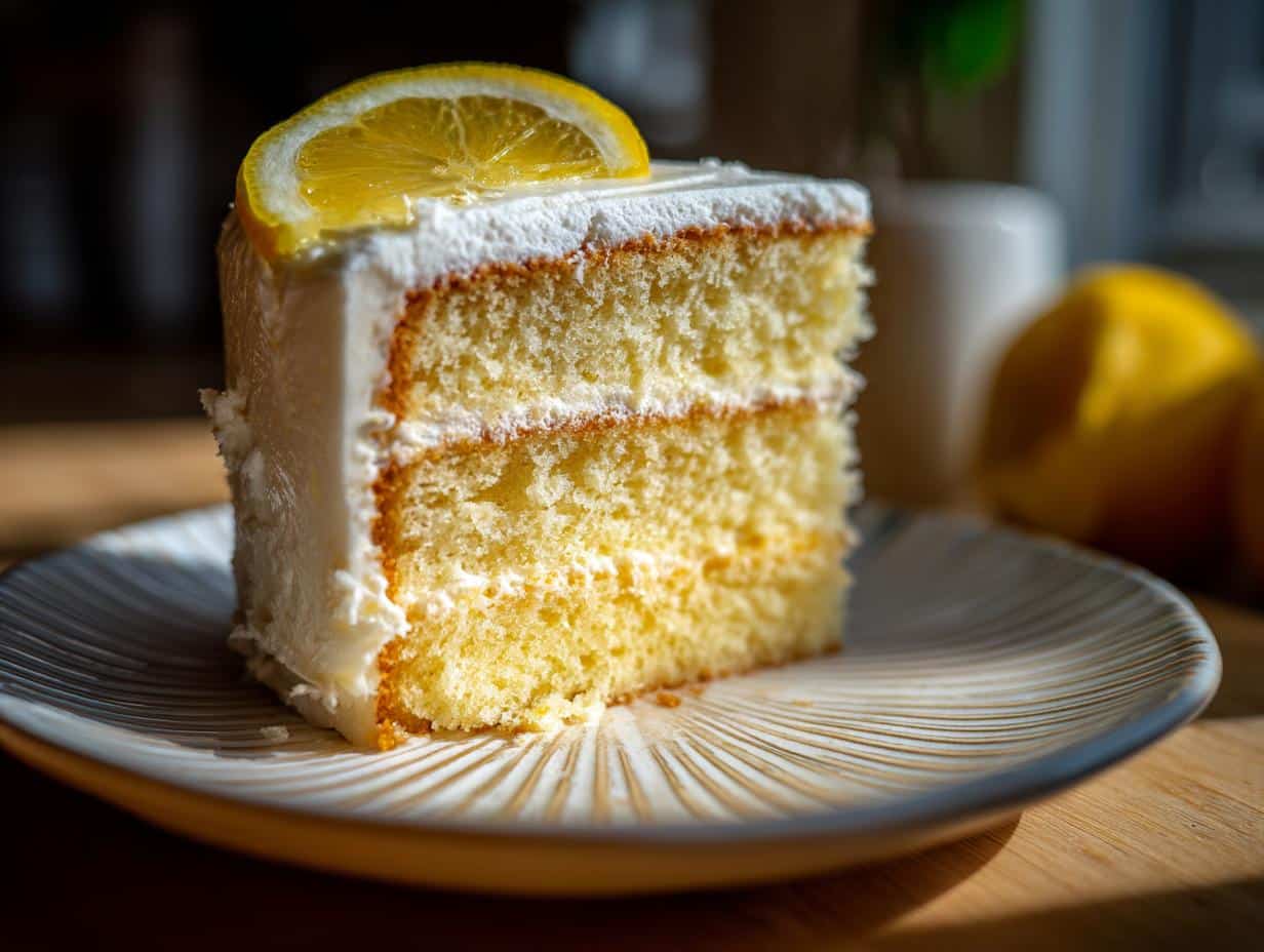 A slice of Meyer lemon cake with white frosting and a lemon wedge on top, showcasing Meyer lemon recipes.