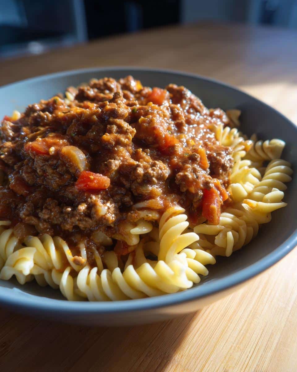 Bowl of pasta topped with a rich ground sausage recipe sauce with tomatoes and herbs.