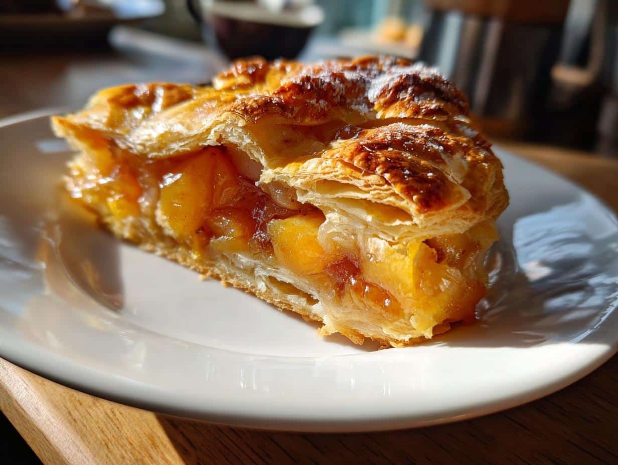 A slice of peach easy puff pastry dessert on a white plate, showcasing flaky layers and a sweet fruit filling.