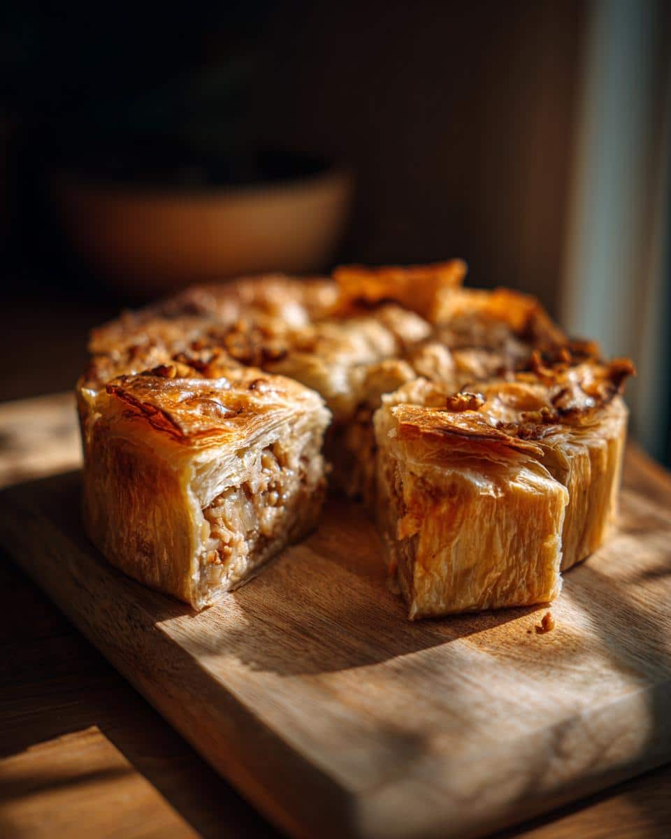 Delicious phyllo dough dessert with a slice cut out, showcasing the flaky layers and filling.