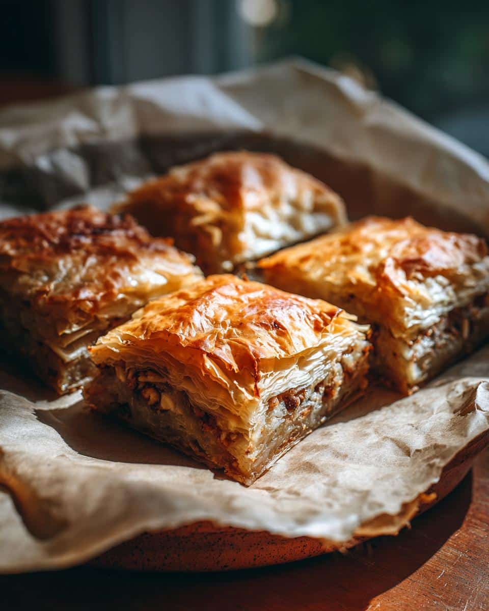 Golden baklava, a phyllo dough recipes dessert, with flaky layers and nut filling on parchment paper.