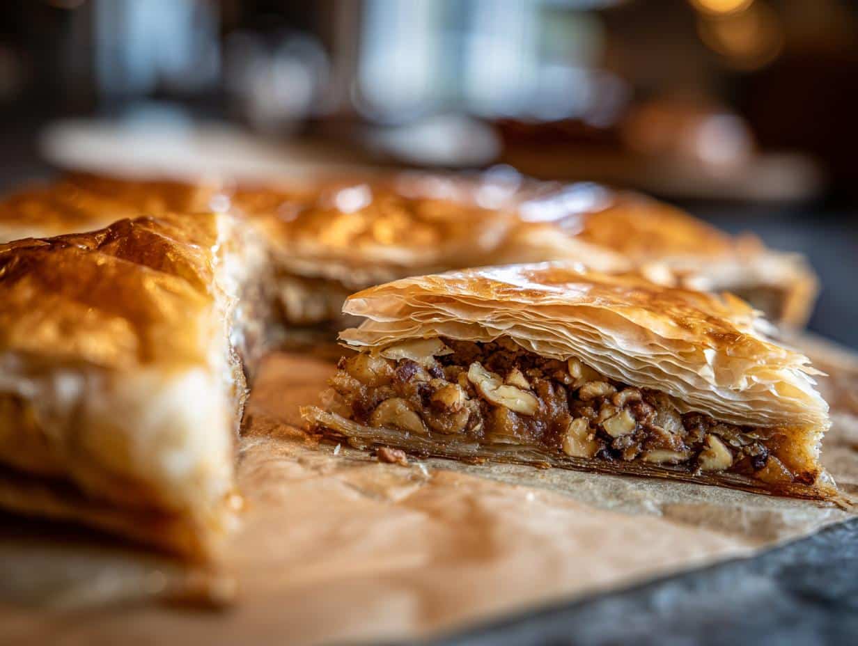 Close-up of a slice of baklava, a phyllo dough recipes dessert, filled with nuts and syrup.