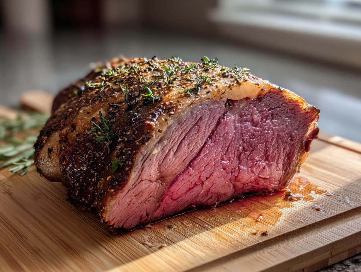 Juicy prime rib roast oven cooked, showing a perfect medium-rare center and herb crust.