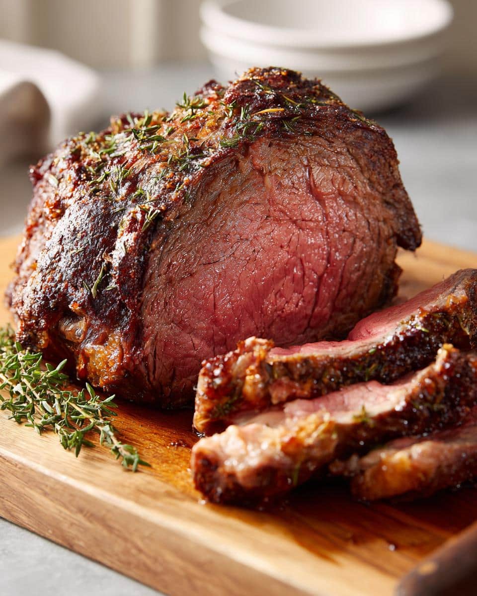 A beautifully cooked prime rib roast oven recipe, sliced and garnished with thyme on a wooden board.
