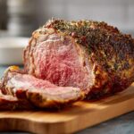 A perfectly cooked prime rib roast oven recipe, sliced and presented on a wooden cutting board with herb crust.