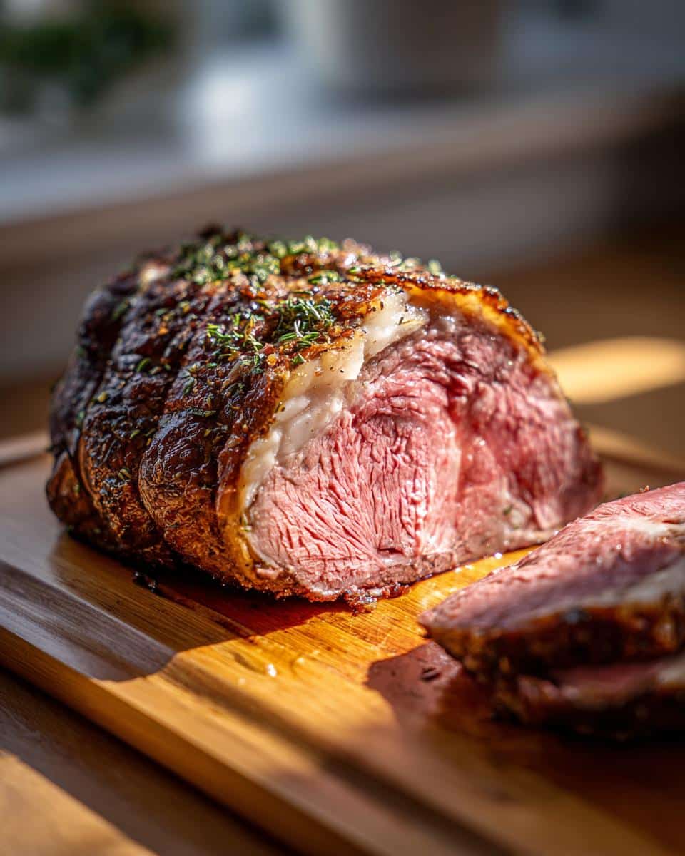 A perfectly cooked prime rib roast oven recipe, sliced and ready to serve on a wooden board.
