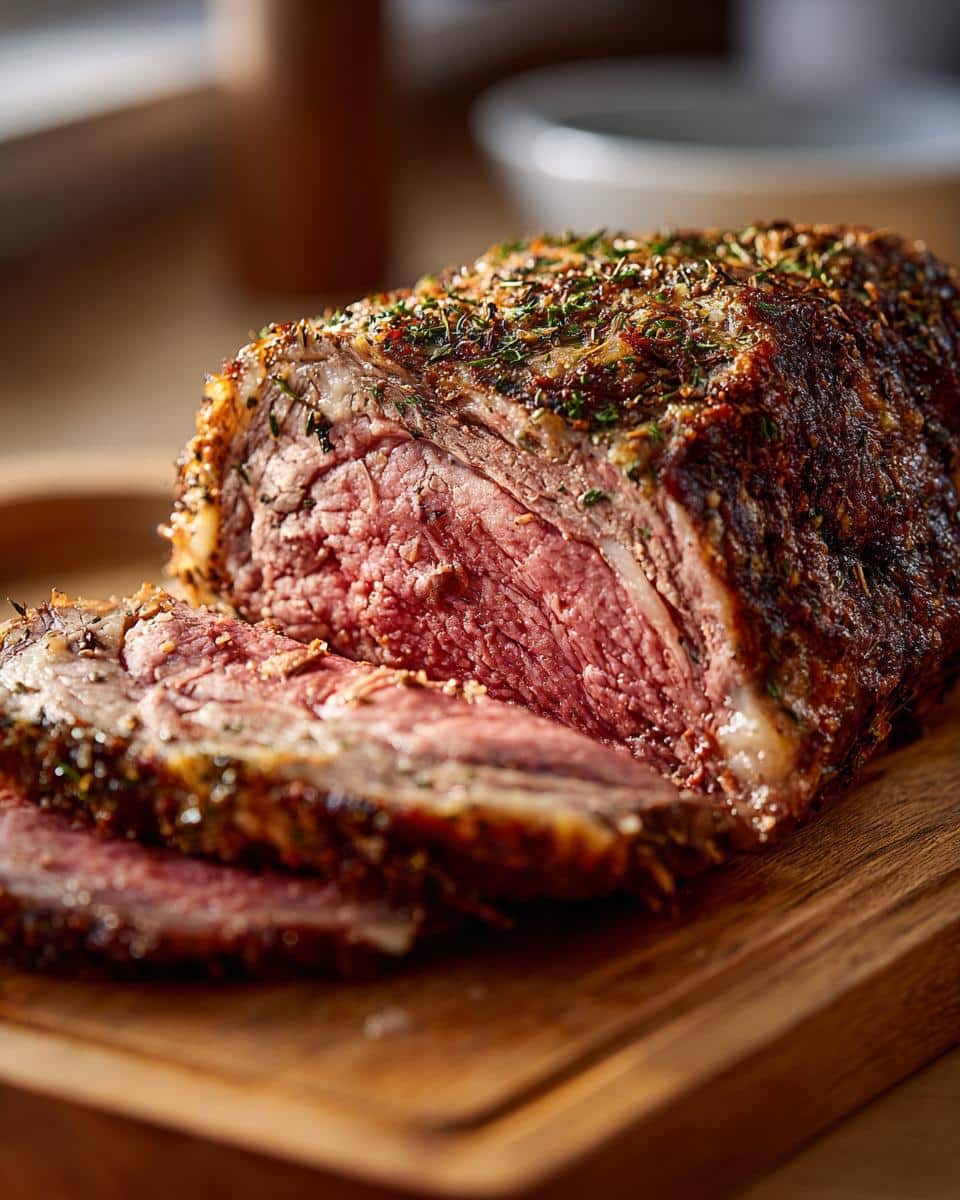Delicious sliced prime rib roast oven recipe, showing juicy meat and herb crust on a wooden cutting board.