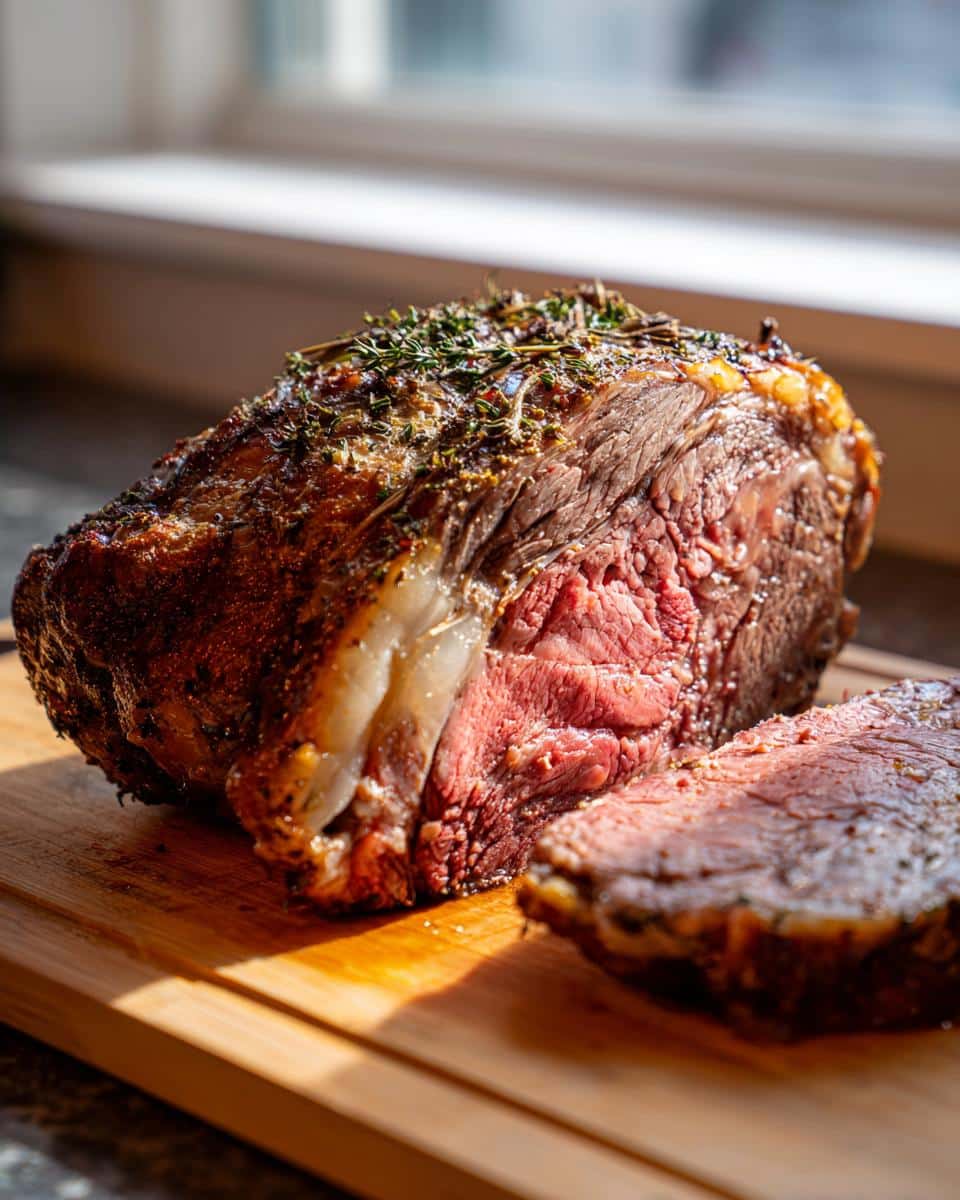 A perfectly cooked prime rib roast oven recipe, sliced and resting on a wooden cutting board, garnished with herbs.