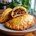 Close-up of golden-brown empanadas, a popular Puerto Rican appetizers, filled with savory meat filling on a plate.