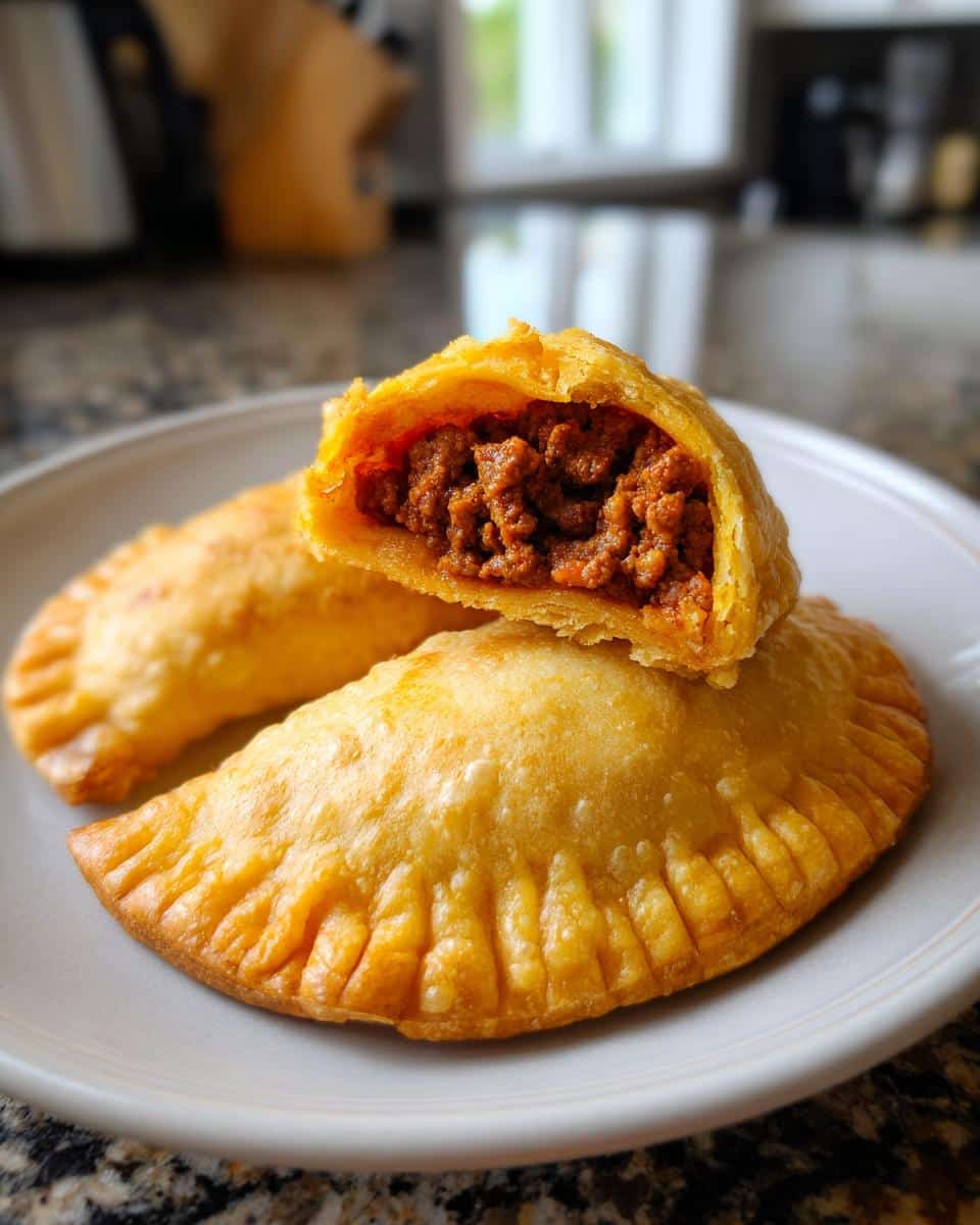 Two Puerto Rican appetizers, empanadas, on a plate, one cut open to show the savory meat filling.