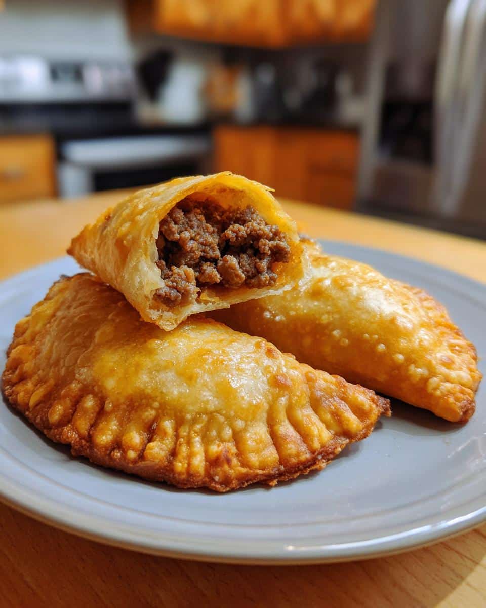 Close-up of golden-brown Puerto Rican appetizers, empanadas filled with savory meat, on a gray plate.