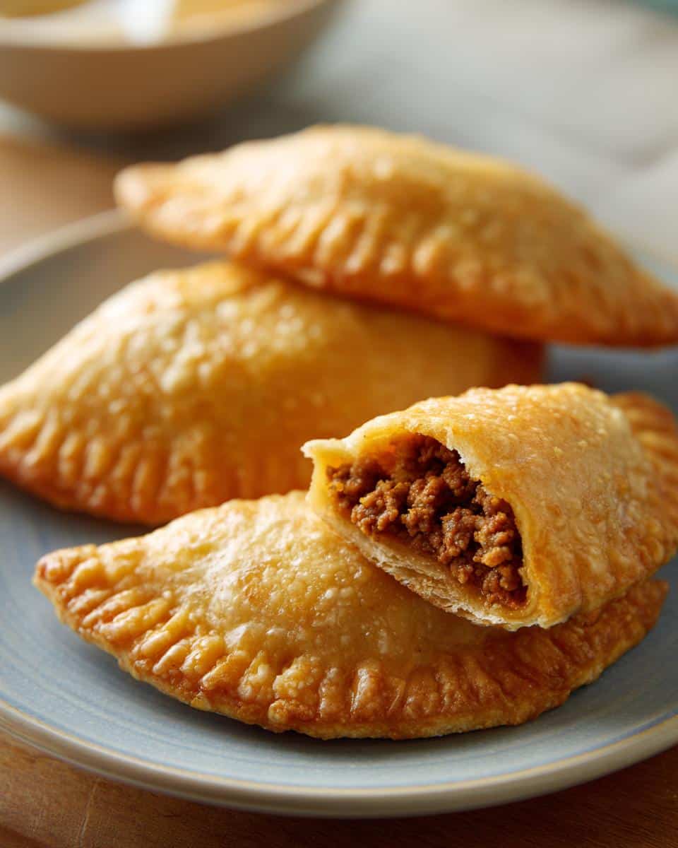 Golden fried empanadas, a popular Puerto Rican appetizers, filled with savory meat filling on a blue plate.