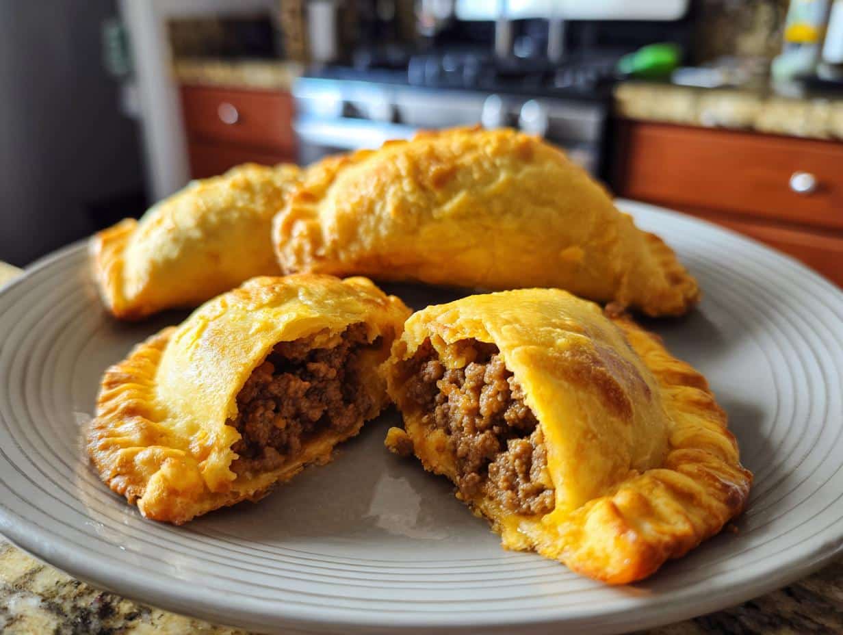 Golden brown empanadas, a type of Puerto Rican appetizers, filled with savory meat on a plate.