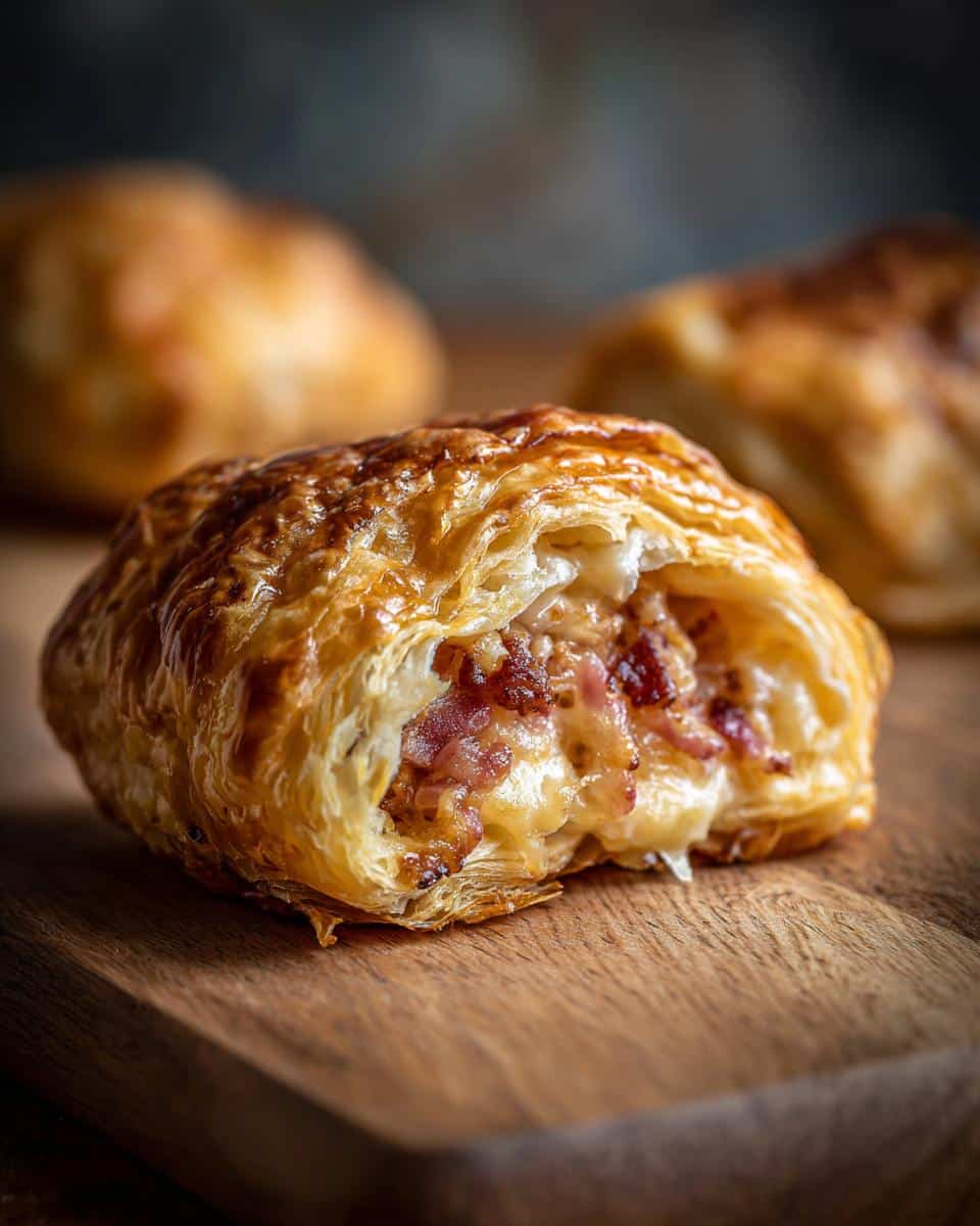Close-up of a savory puff pastry bite filled with bacon and cheese, showcasing recipes using puff pastry sheets.