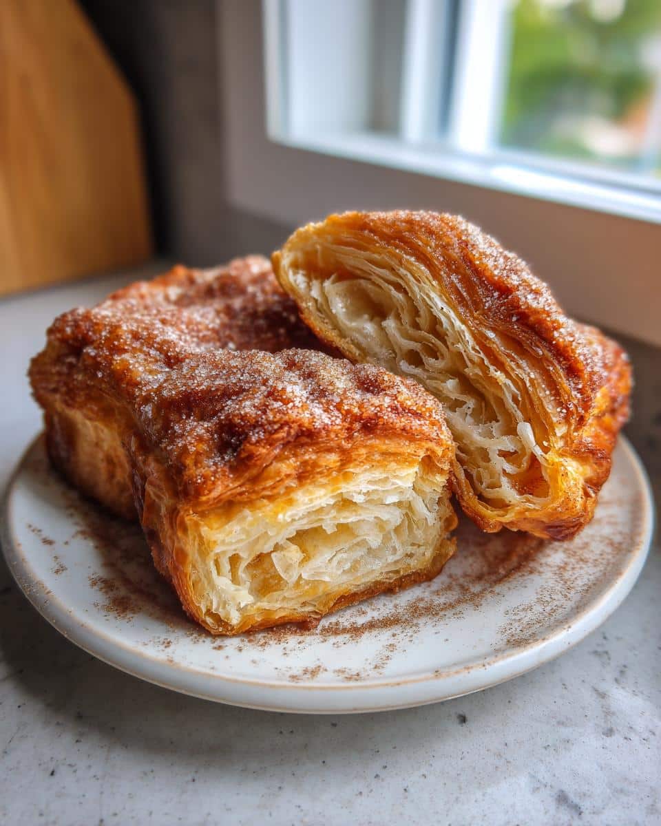 Close-up of desserts with puff pastry sheets, showcasing flaky layers and a sugary topping on a plate.