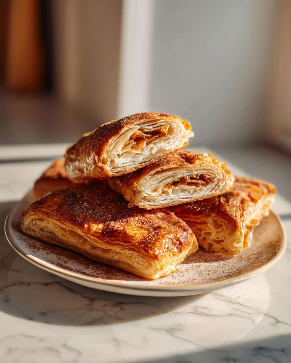 Golden brown desserts with puff pastry sheets, sprinkled with cinnamon sugar, stacked on a plate.