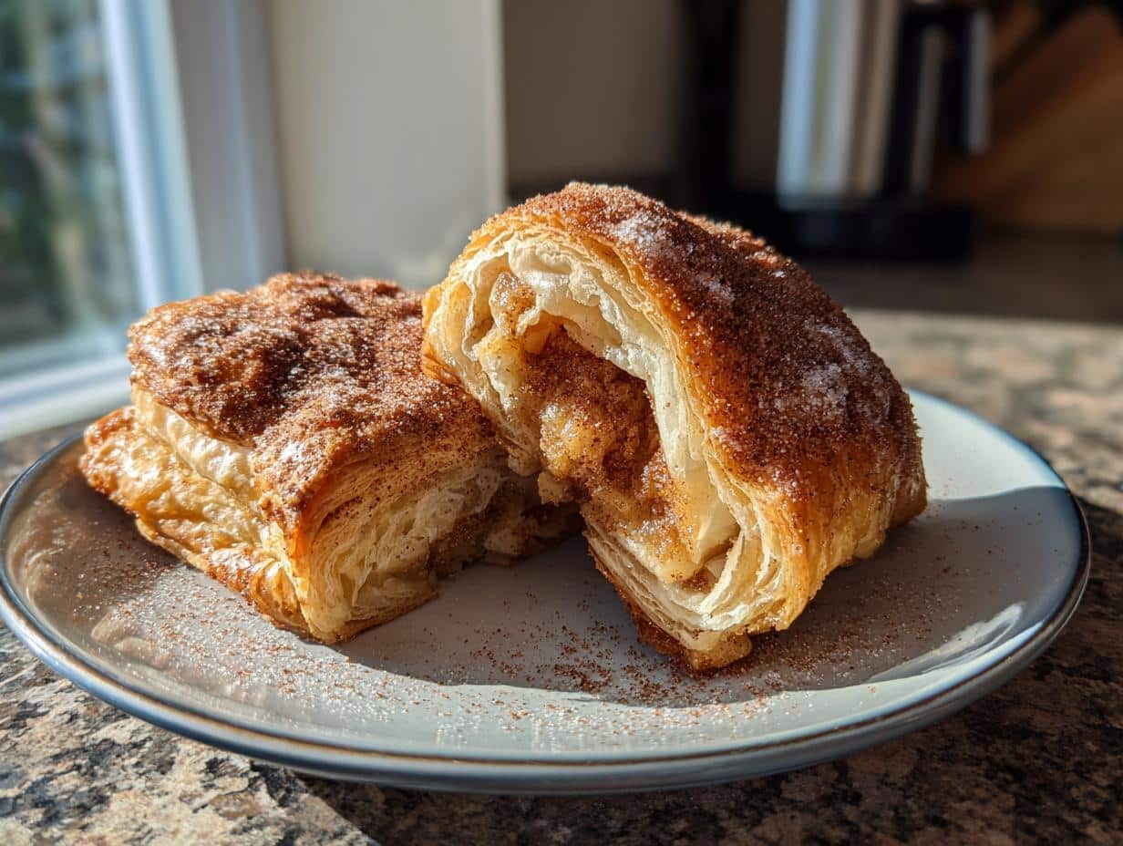 Two desserts with puff pastry sheets, sprinkled with cinnamon and sugar, on a blue plate.