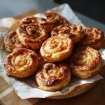 Pile of golden brown, freshly baked puff pastry ideas rolls on parchment paper and a wooden board.