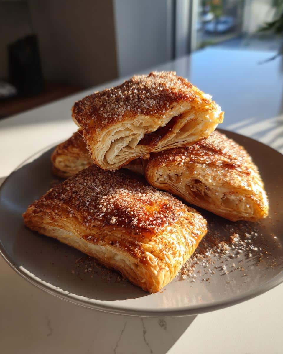 Close-up of desserts with puff pastry sheets, sprinkled with cinnamon sugar, stacked on a gray plate.