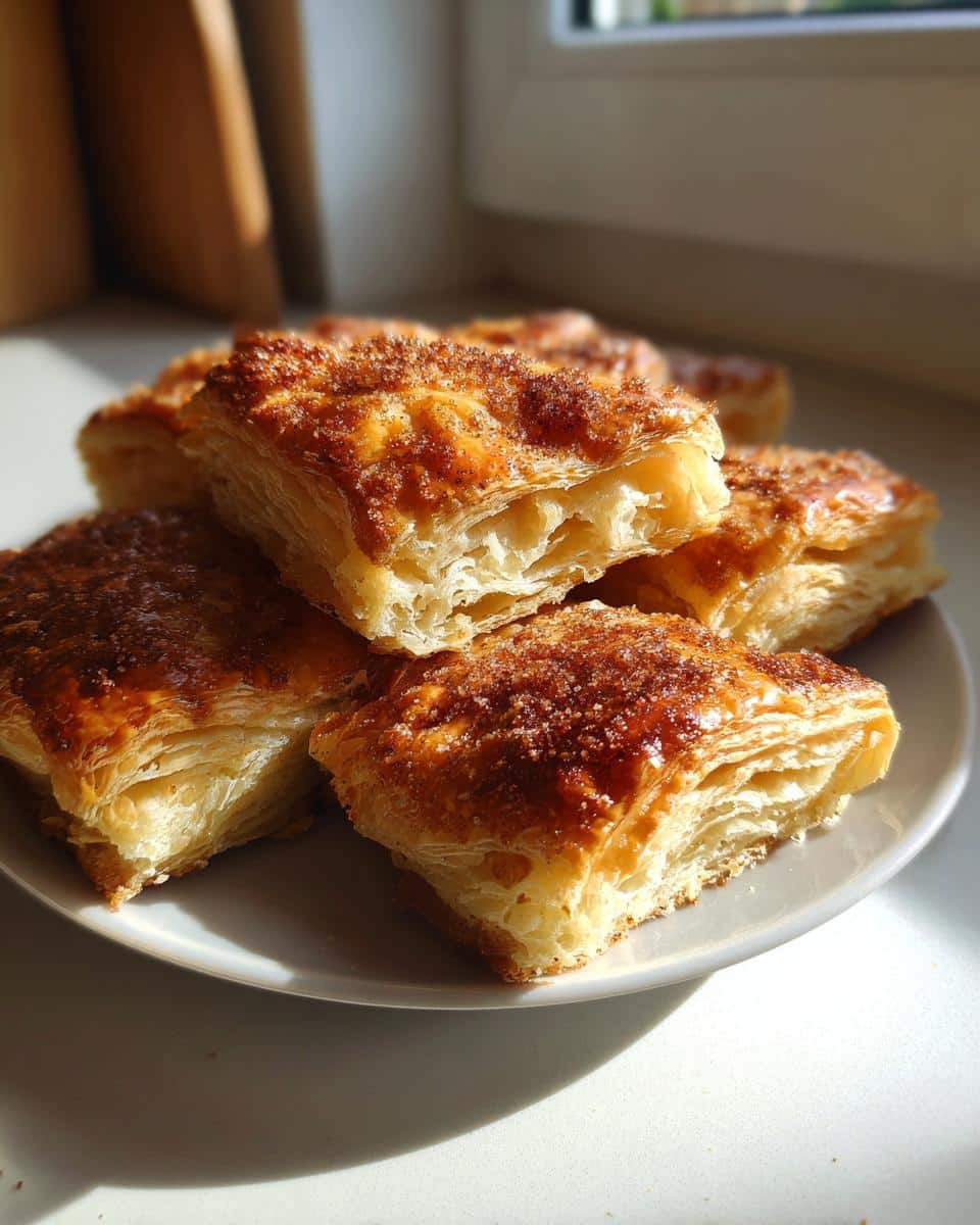A stack of golden-brown desserts with puff pastry sheets, sprinkled with sugar, on a white plate.