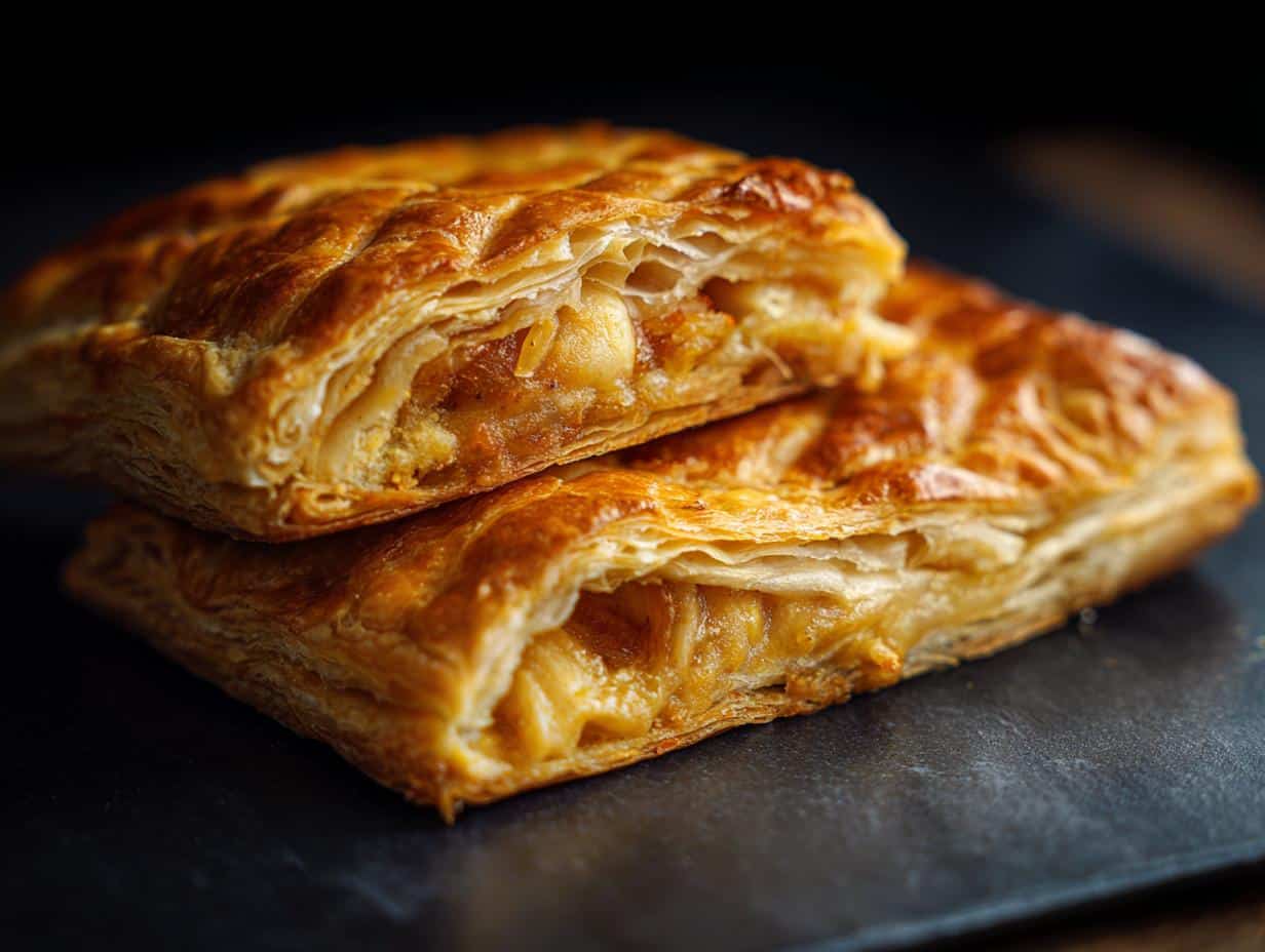 Two golden-brown puff pastry squares stacked, showcasing flaky layers and a sweet filling. Recipes using puff pastry sheets.