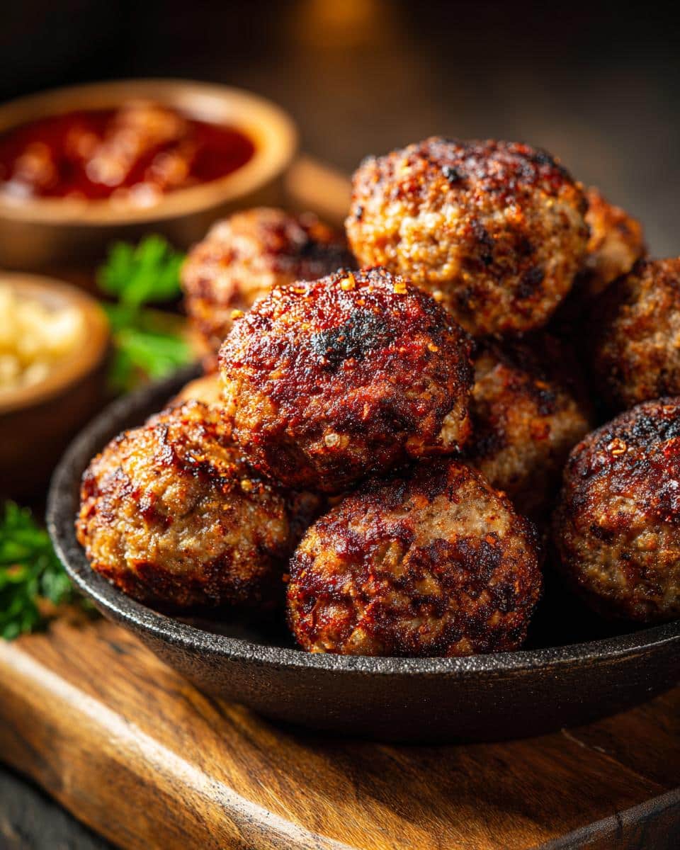 A close-up of a pile of freshly cooked sausage balls in a black bowl, ready to eat.