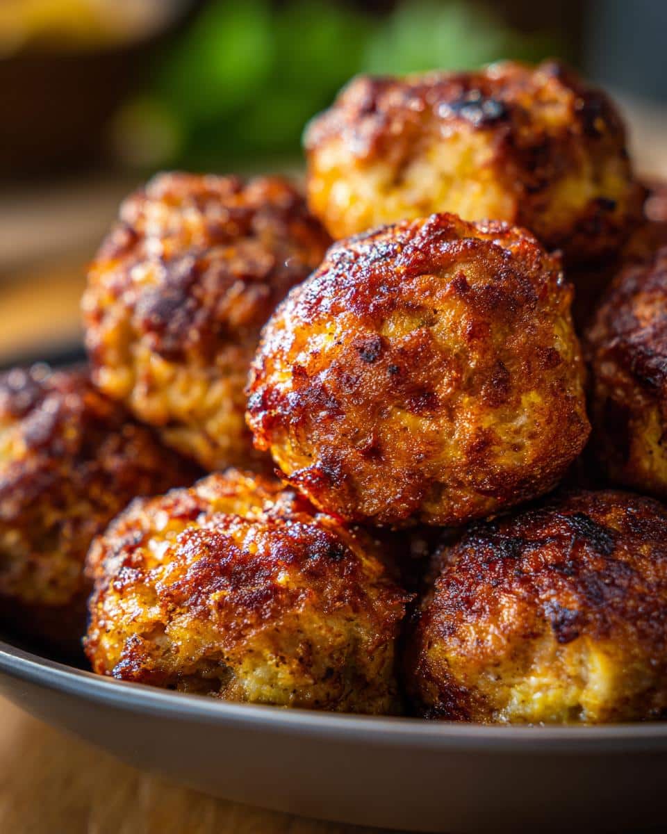 Close-up of a pile of golden brown sausage balls in a bowl, ready to eat.