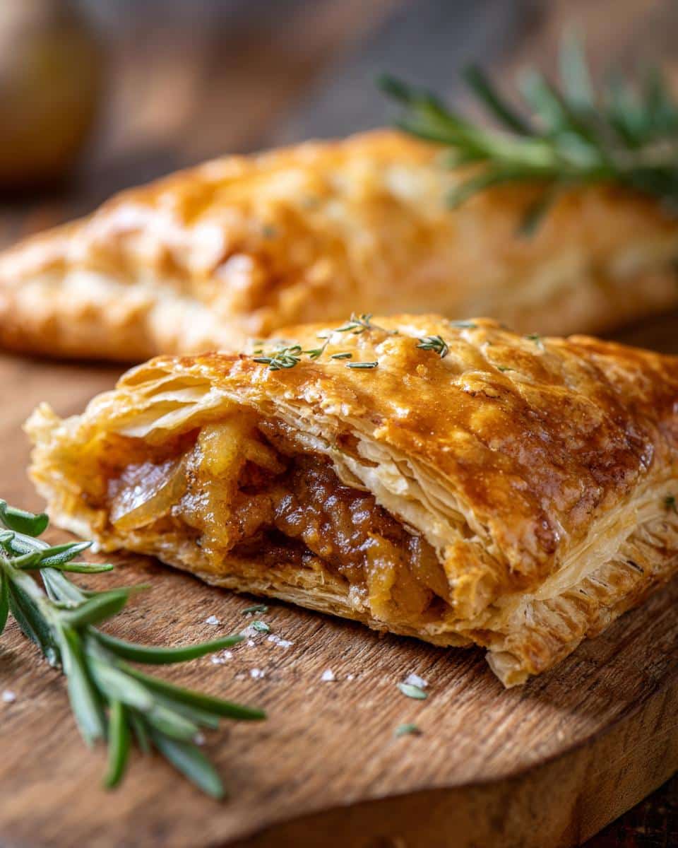 Close-up of a savory puff pastry filled with caramelized onions, showcasing recipes using puff pastry sheets.