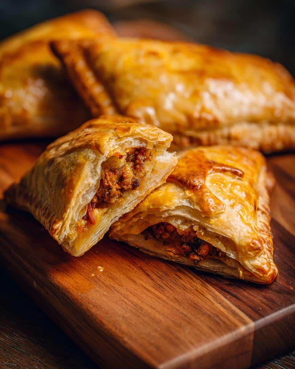 Golden brown savory pockets made with recipes using puff pastry sheets, filled with a delicious savory filling.