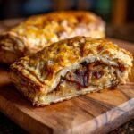 Close-up of a savory pastry made with recipes using puff pastry sheets, filled with caramelized onions.