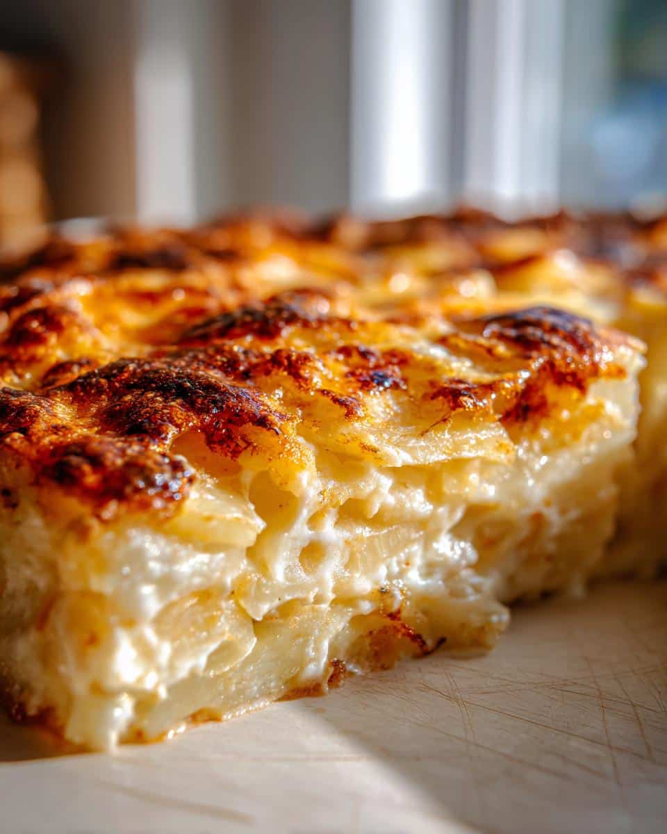 Close-up of a slice of creamy scalloped potatoes with a golden-brown top, ready to be served.